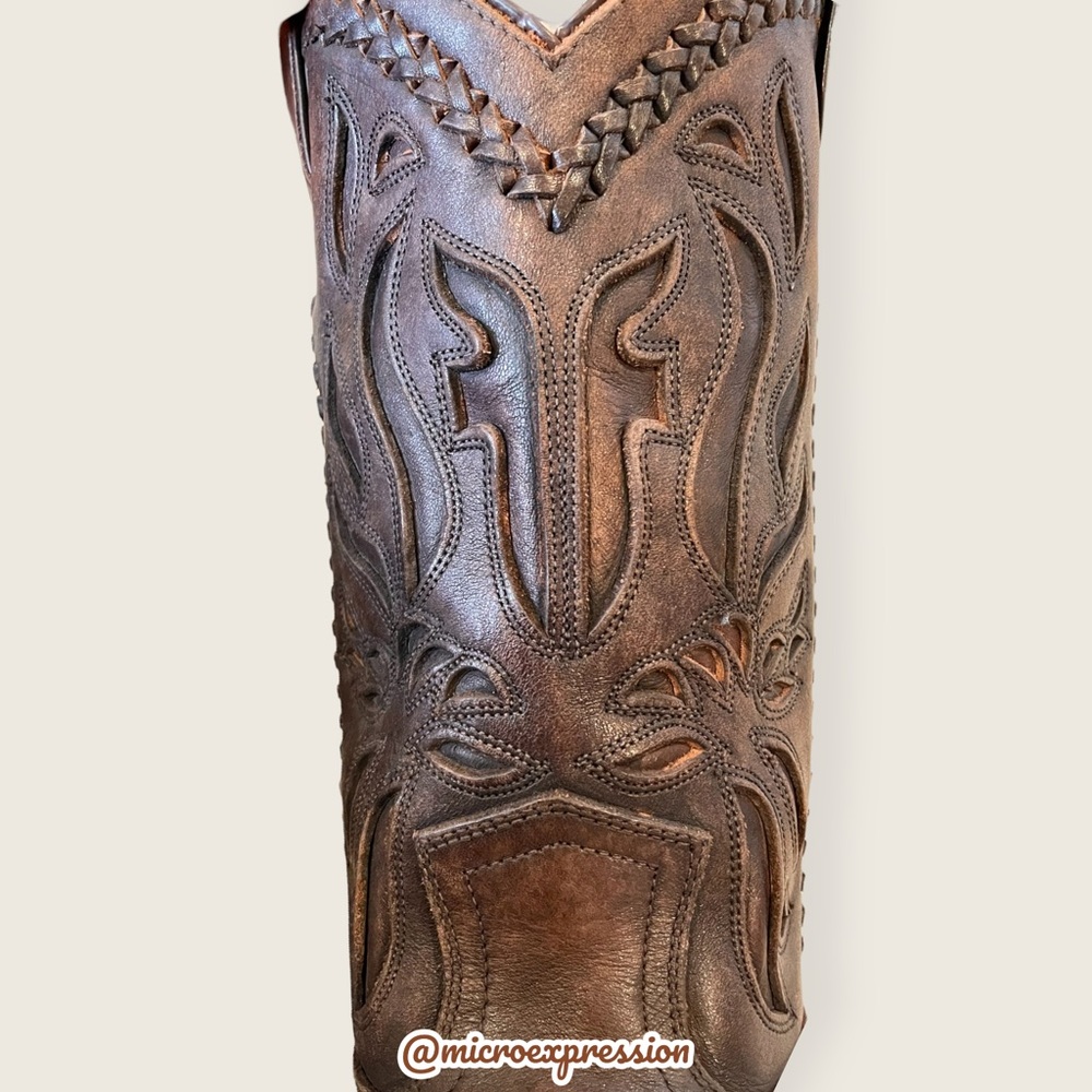 $429 Frye Wyatt Overlay Brown Leather Embroidered Pattern Tall Cute Cowboy Boot - Picture 8 of 12